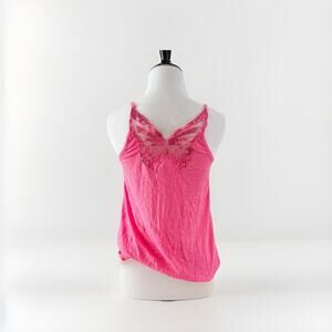 Vintage Y2K Pink Satin Butterfly Tank Top Size M Embroidered Sequined Camisole